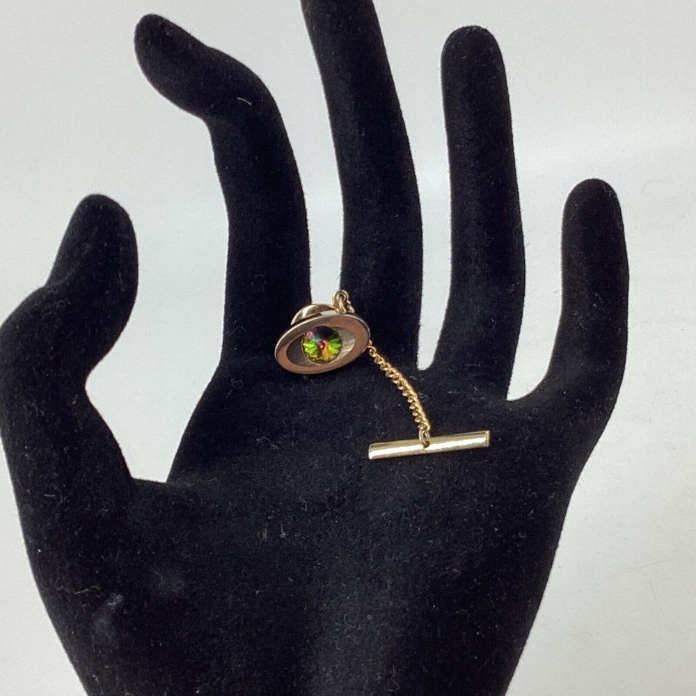 Sarah Covington Tie Tack Pin Chain Gold Tone Iridescent Stone Signed